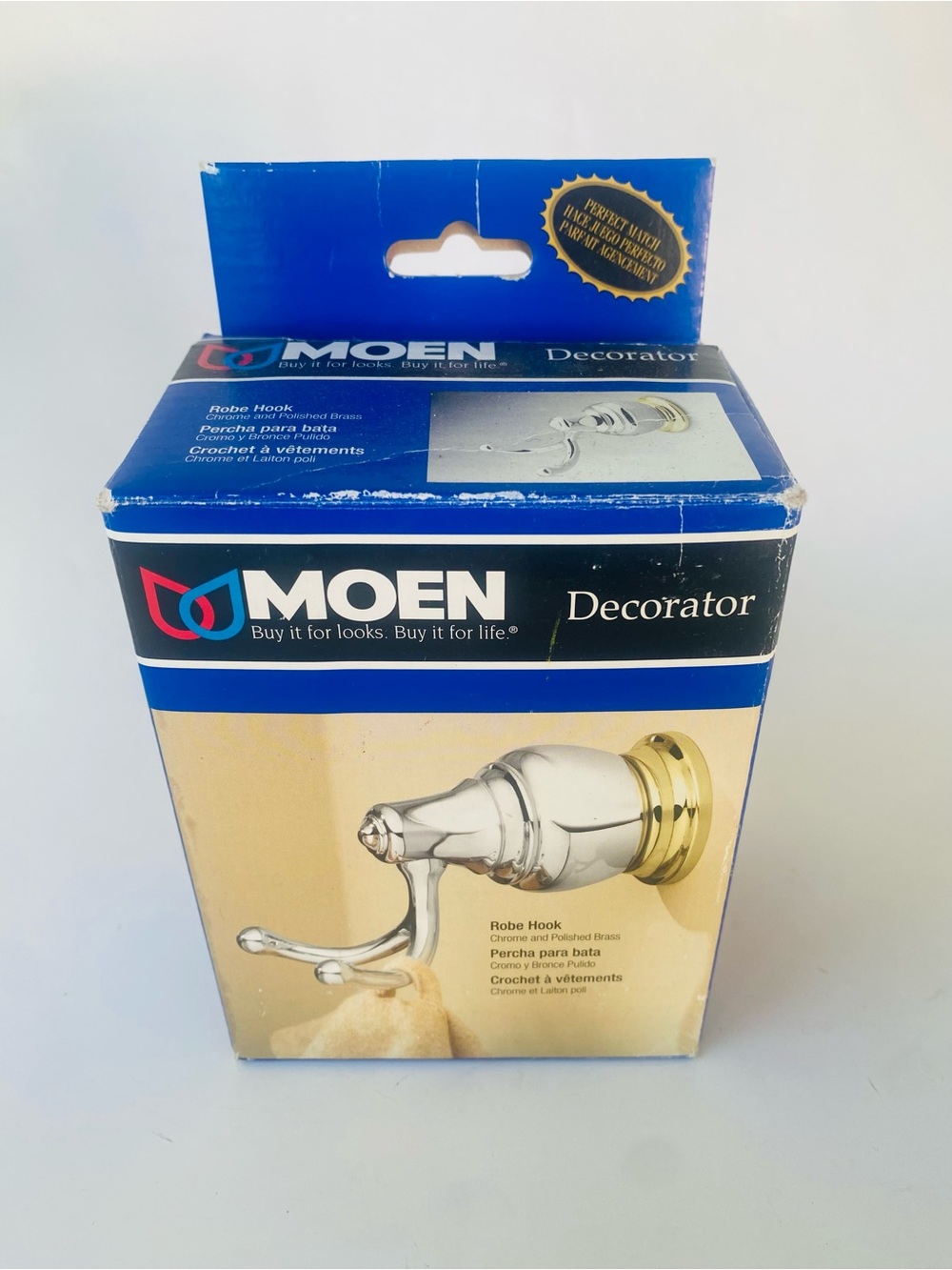 Brand New Moen Two-Tone Robe Hook in Chrome and Polished Brass